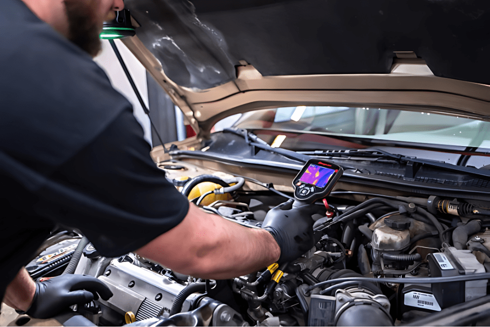 Auto repair in Allentown, PA by Allied Automotive. Image of a technician using a thermal imaging camera to inspect an engine, showcasing advanced tools used for accurate heat detection and diagnostics.