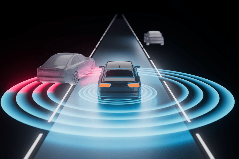 ADAS Calibration services in Allentown, PA by Allied Automotive. Image of vehicles on the road with radar-like signals showing safe distance maintenance, illustrating lane-keeping assistance and collision prevention technology for safer driving.