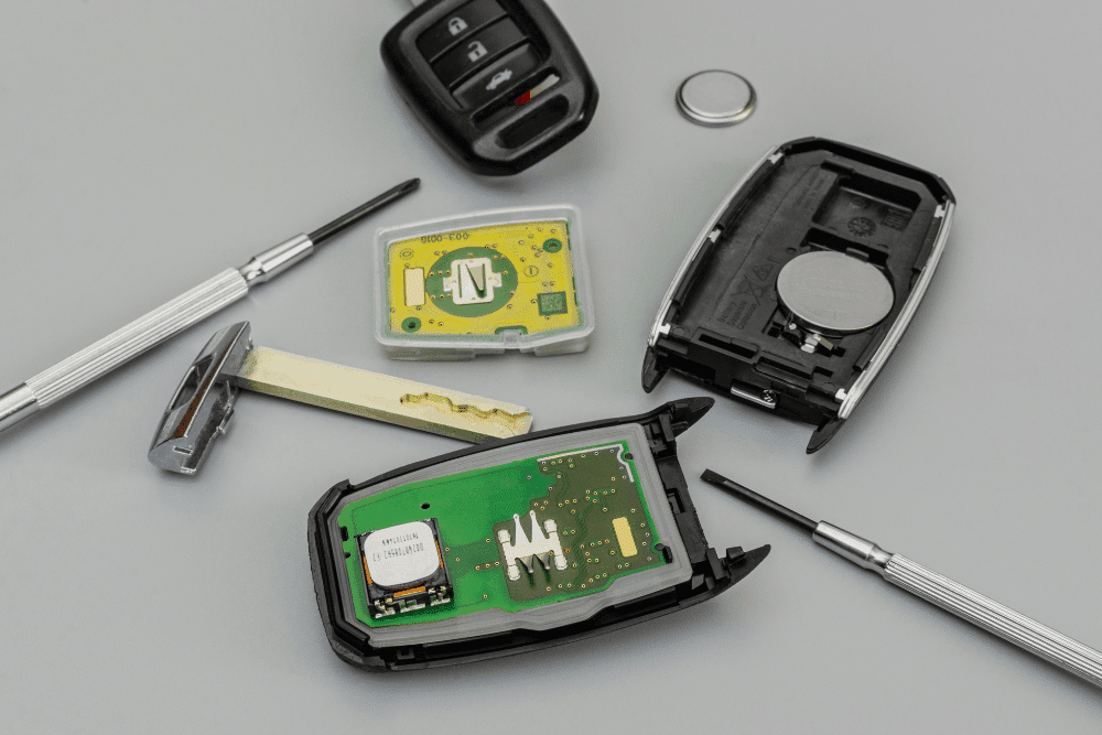 Key fob services in Allentown, PA by Allied Automotive. Image of a disassembled car key fob with circuit board, battery, and tools laid out, highlighting professional key fob battery service and reliable vehicle access.