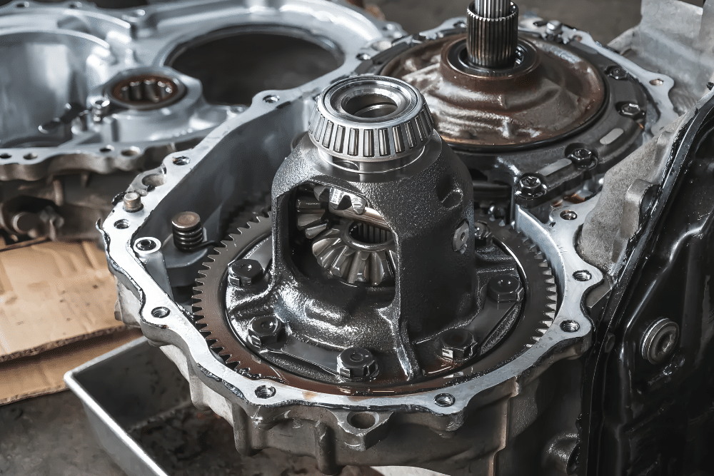 Transmission Service and Fluid Flush in Allentown PA At Allied Automotive. Detailed close-up of open metal transmission housing
